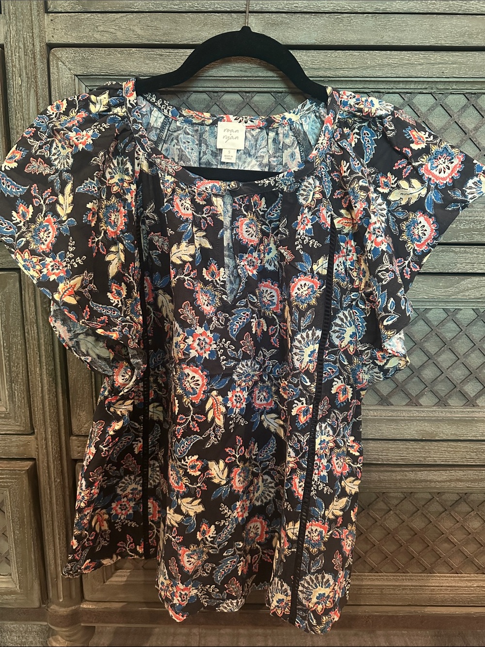 Navy Floral Tie-Front Flutter Sleeve Blouse